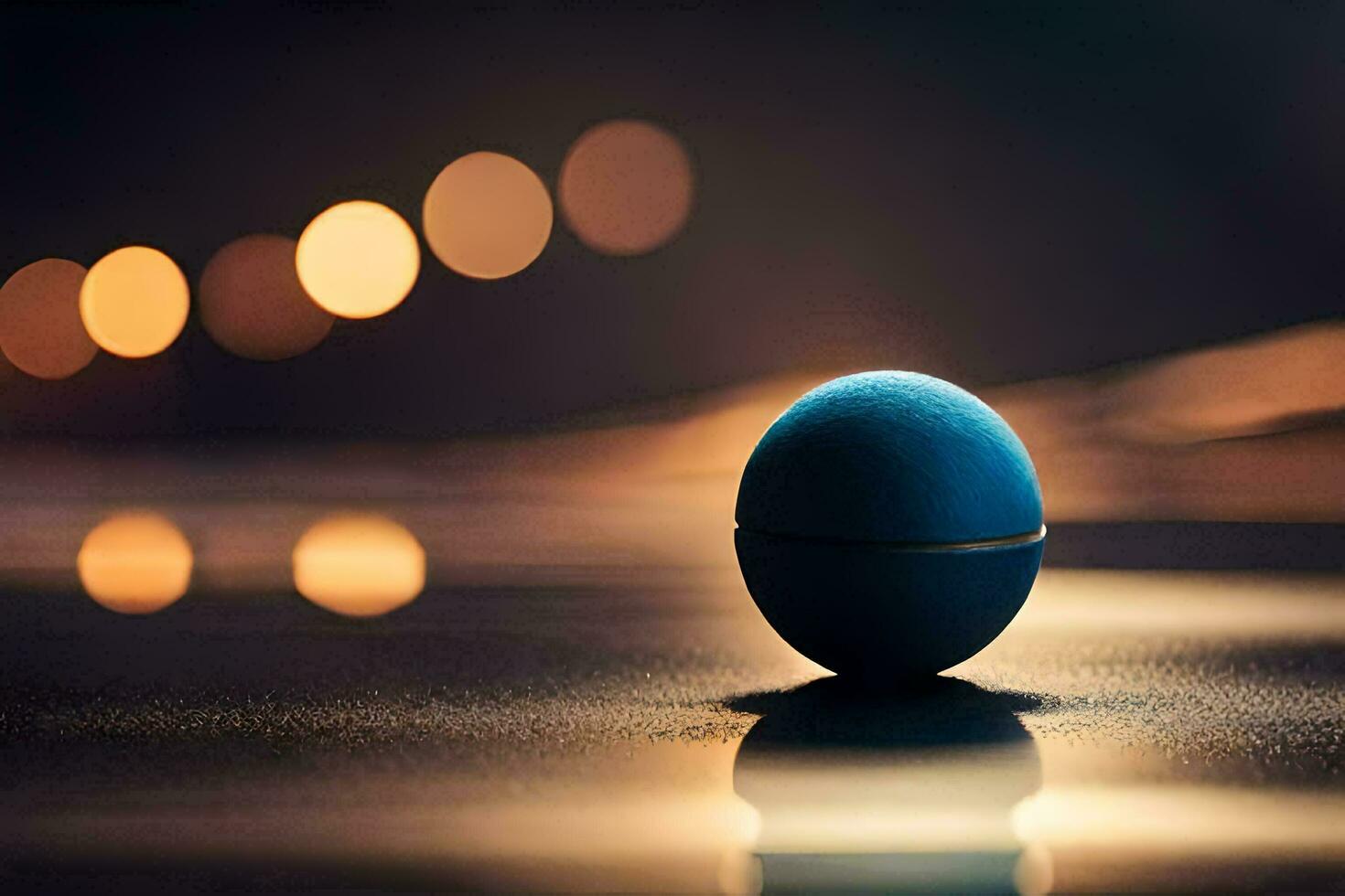 un azul pelota se sienta en el suelo en frente de un borroso antecedentes. generado por ai foto