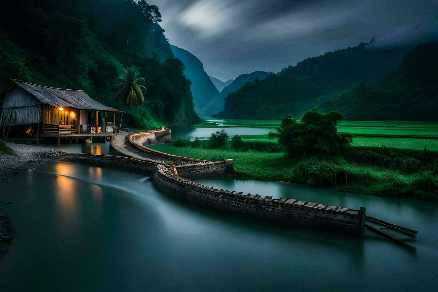 a house on the river at night. AI-Generated photo