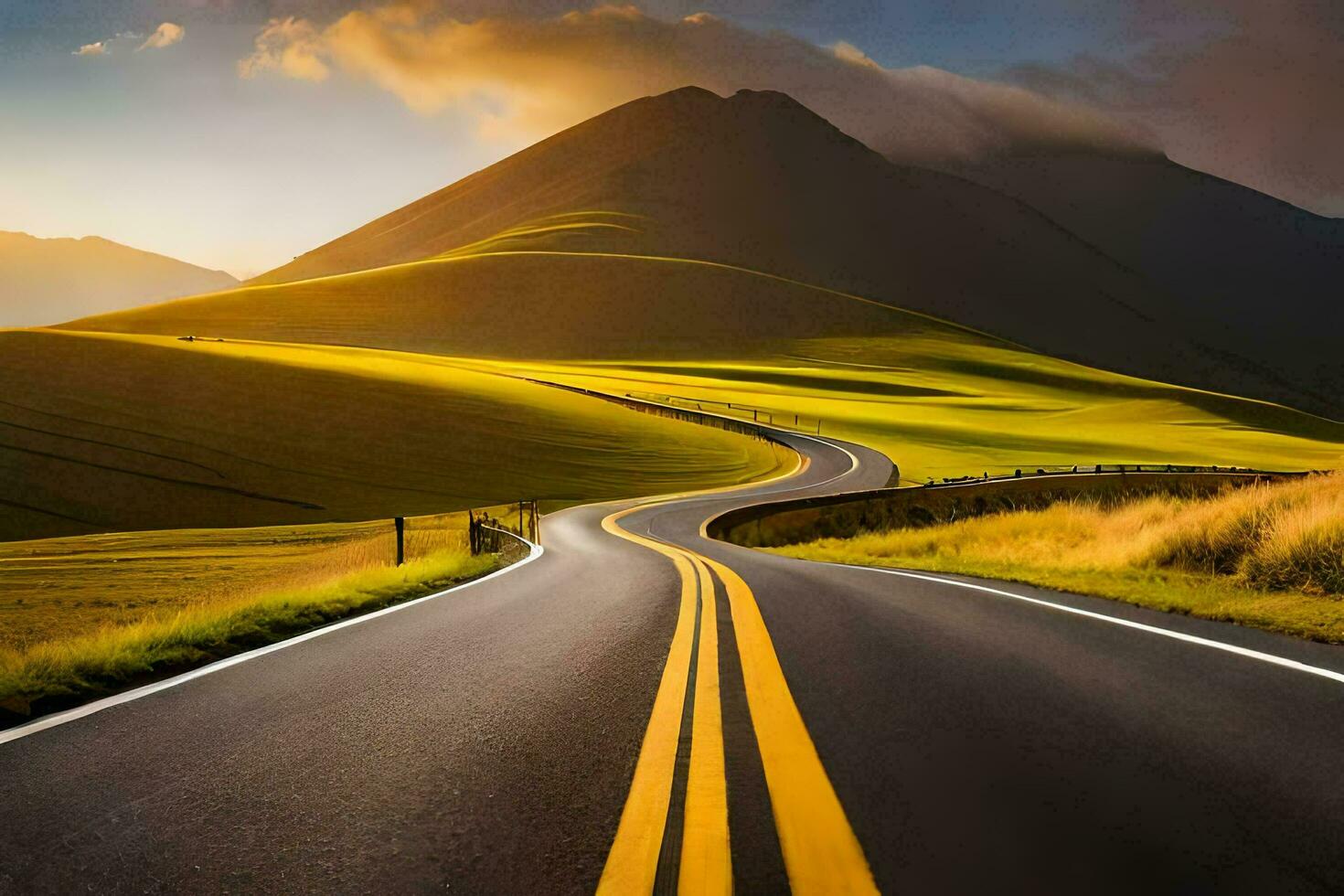 a winding road in the middle of a field. AI-Generated photo