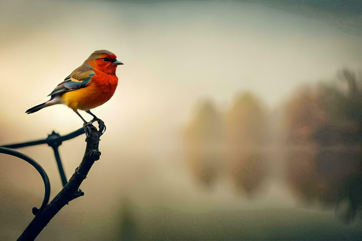 a red bird perched on a branch near a lake. AI-Generated photo