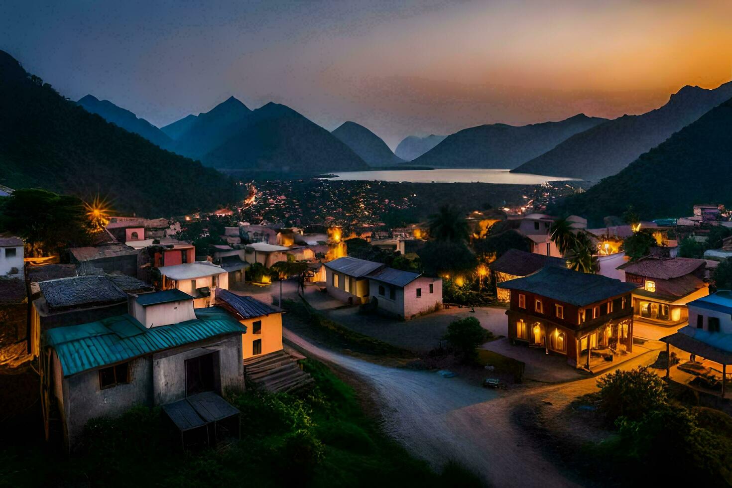 photo wallpaper the sky, mountains, village, the night, the mountains, the village, the. AI-Generated