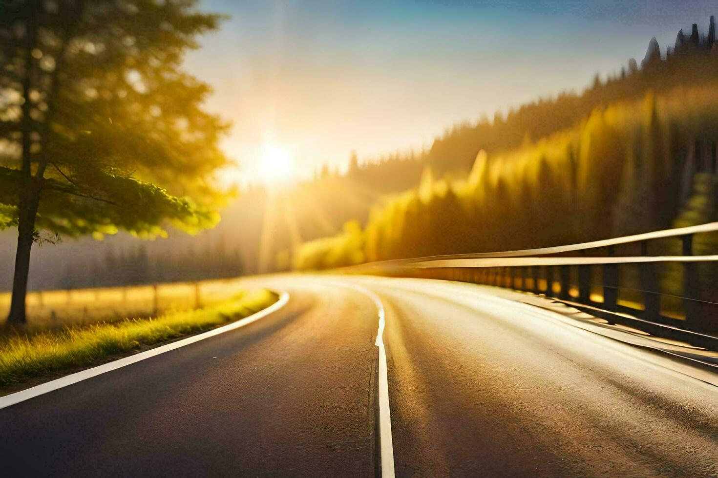 a road with the sun shining on it. AI-Generated photo