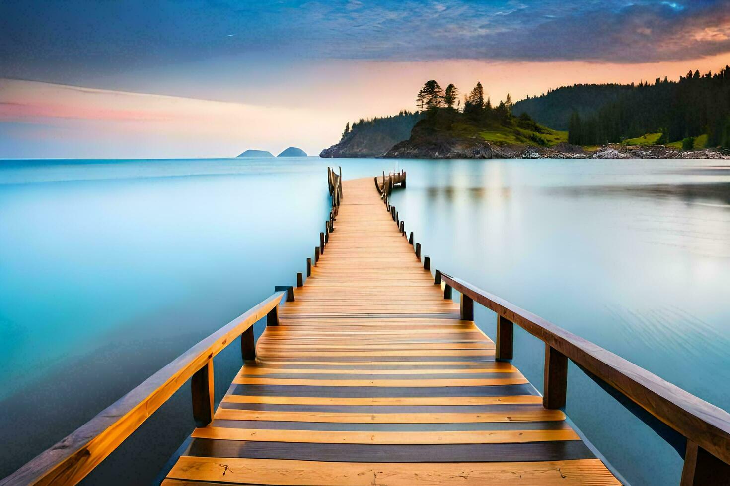 a wooden pier stretches out into the ocean at sunset. AI-Generated photo