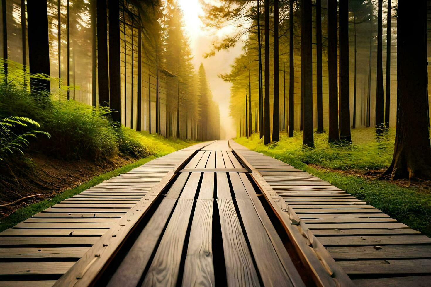 a wooden path in the middle of a forest. AI-Generated photo