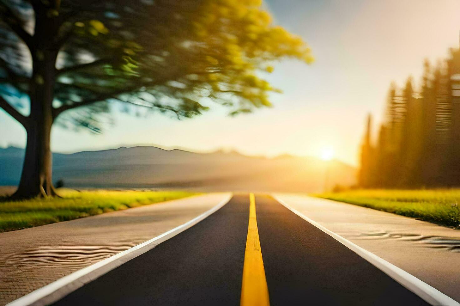 a road with trees and a sunset in the background. AI-Generated photo