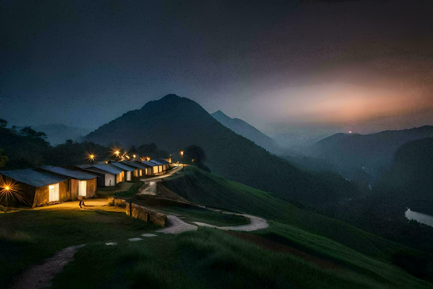 the sun sets over the mountains and the lights of the houses. AI-Generated photo