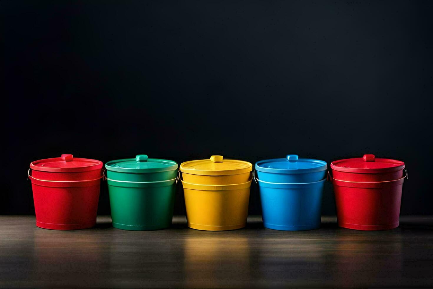 a row of colorful plastic buckets on a dark background. AI-Generated photo