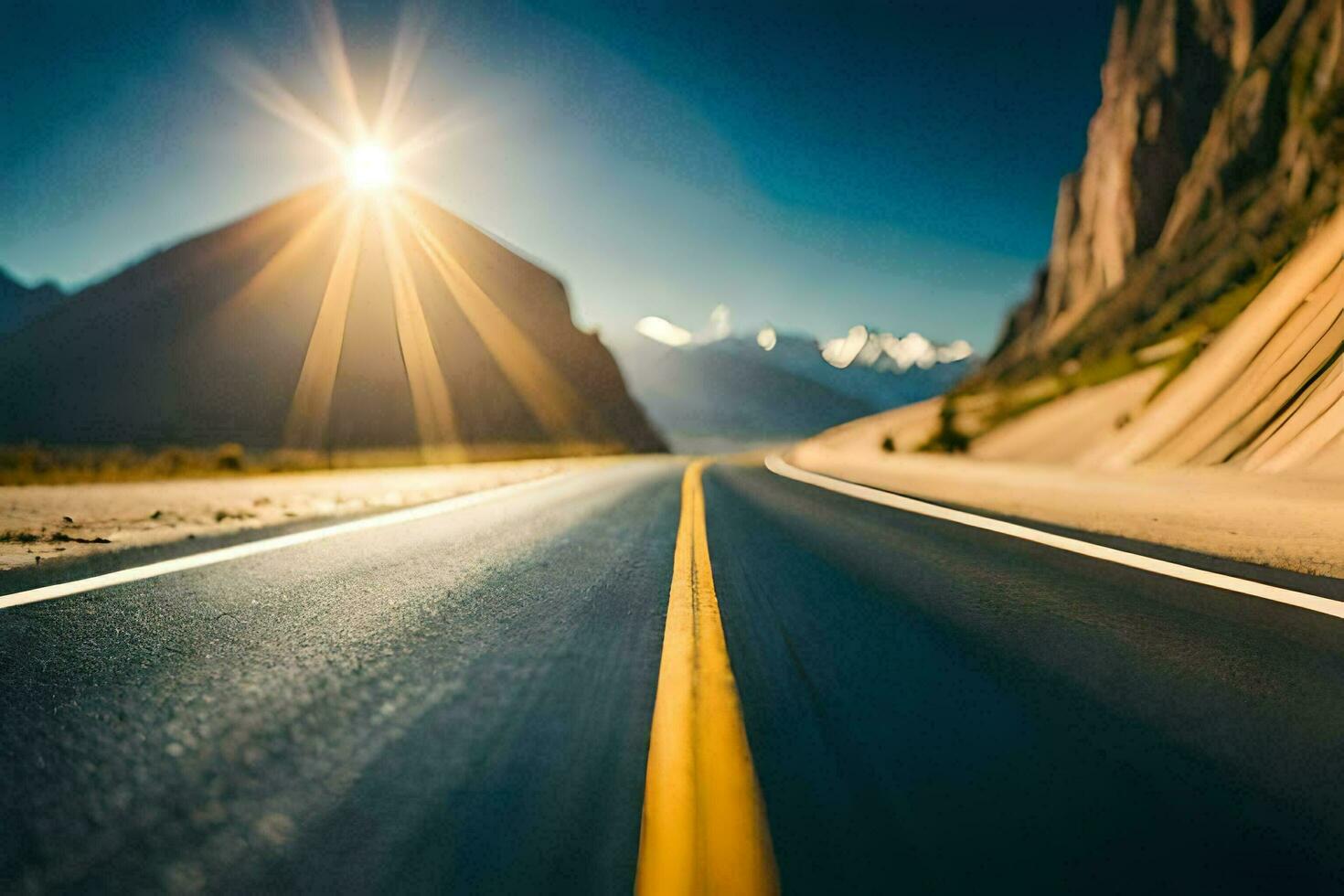 a road with the sun shining on it. AI-Generated photo