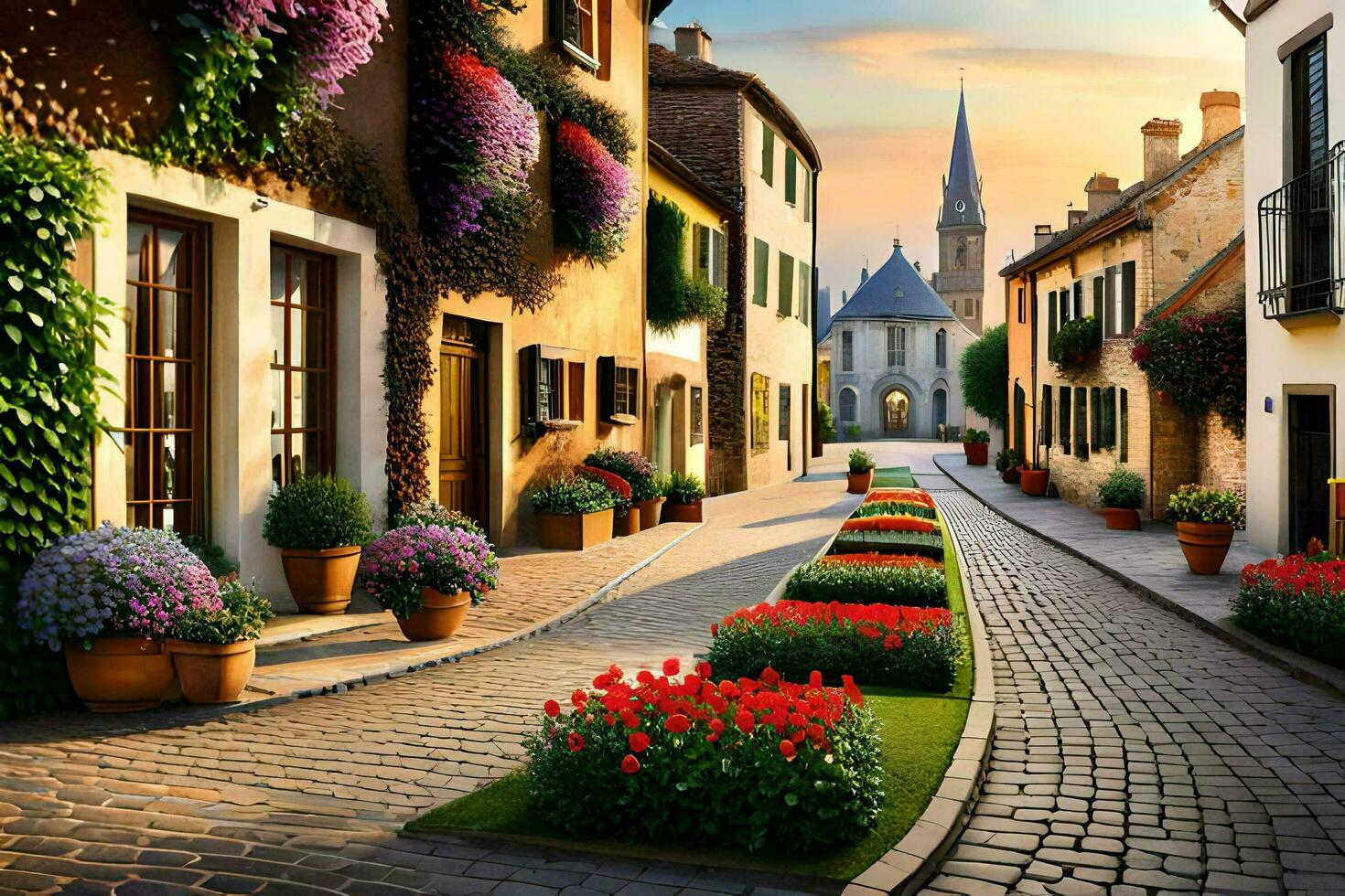 a street with flowers and buildings in the middle. AI-Generated photo
