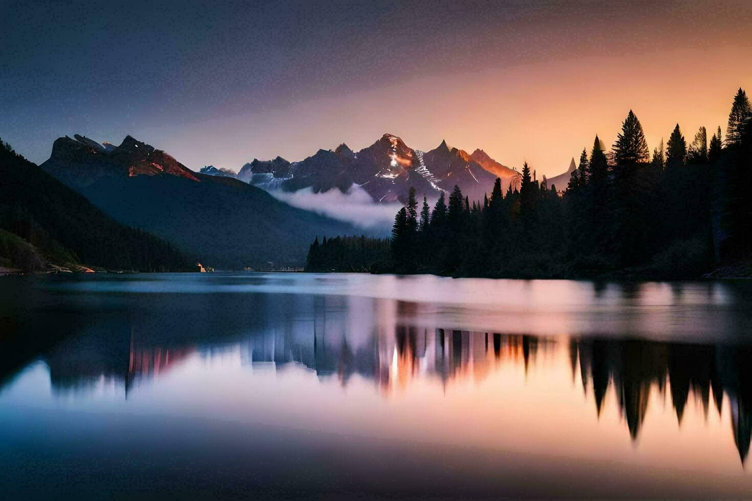 a mountain range is reflected in a lake at sunset. AI-Generated photo
