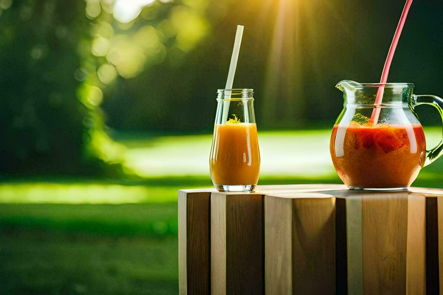 dos lentes de jugo en un de madera mesa. generado por ai foto