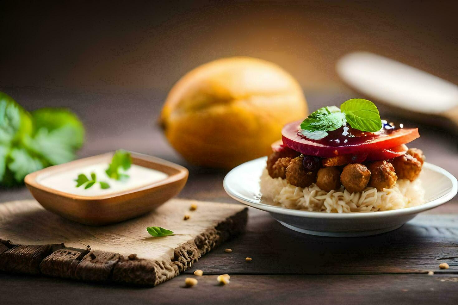 the food is served on a wooden table with a lemon and a bowl of rice. AI-Generated photo