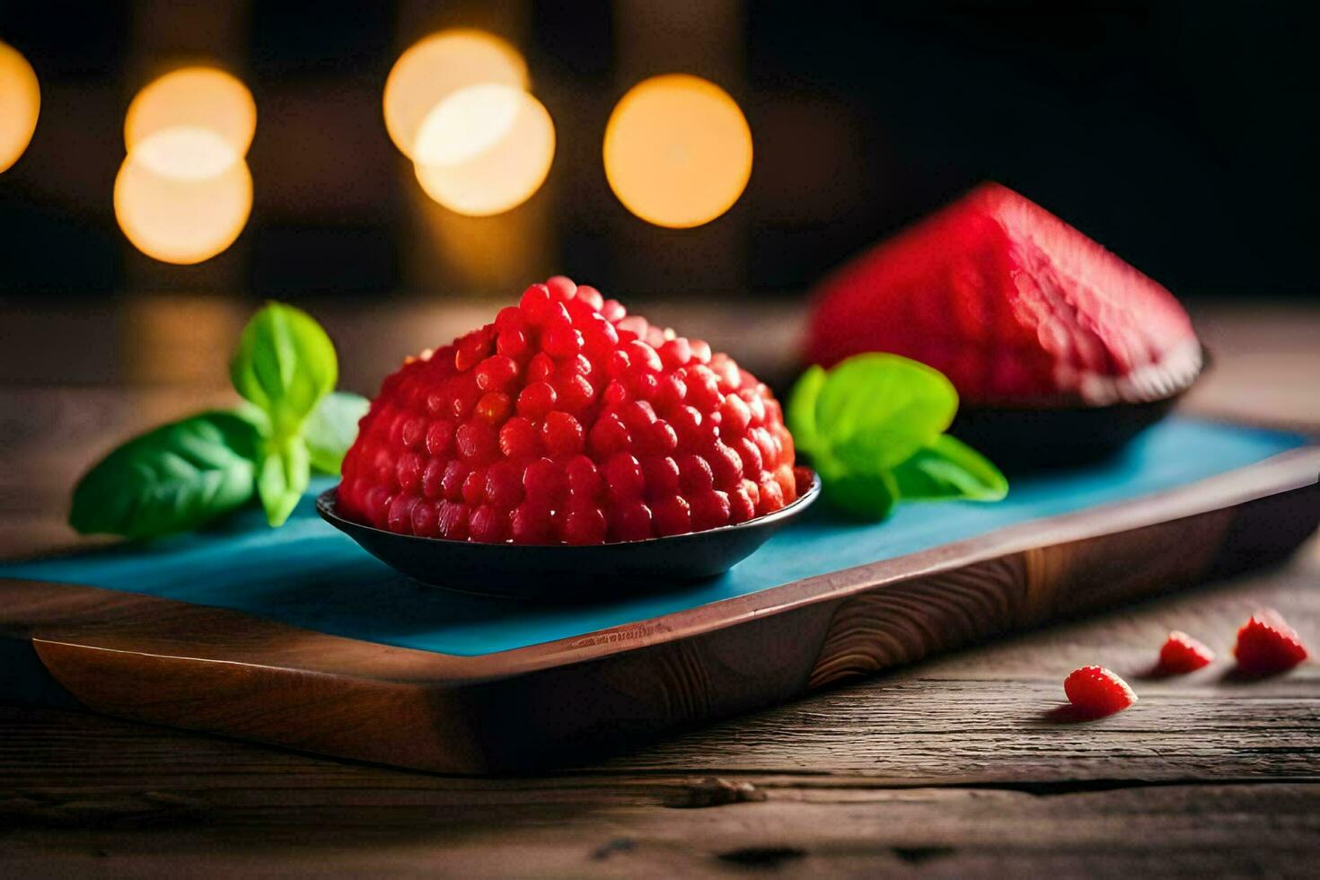two red berries on a wooden tray. AI-Generated photo