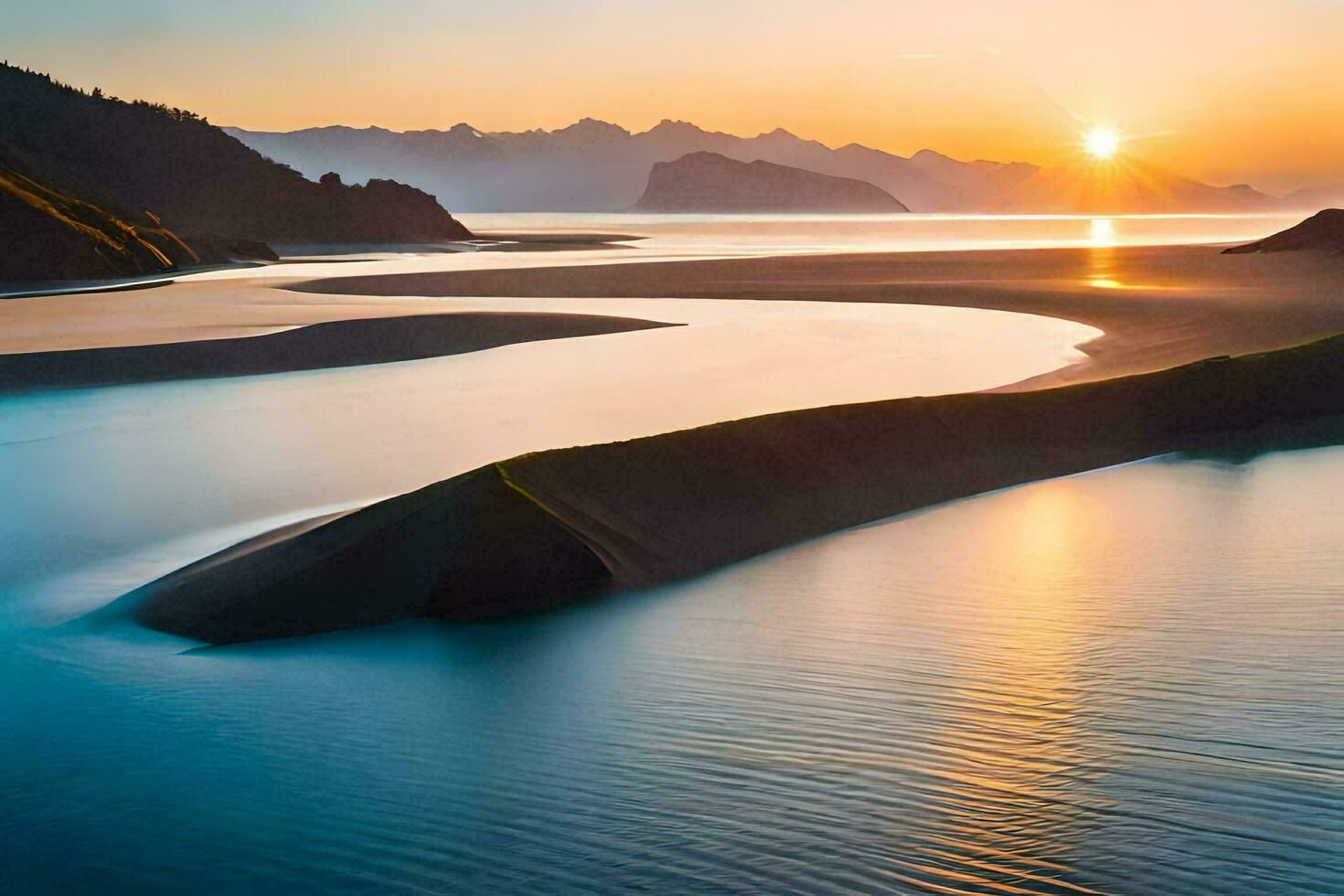 el Dom conjuntos terminado un cuerpo de agua y montañas. generado por ai foto