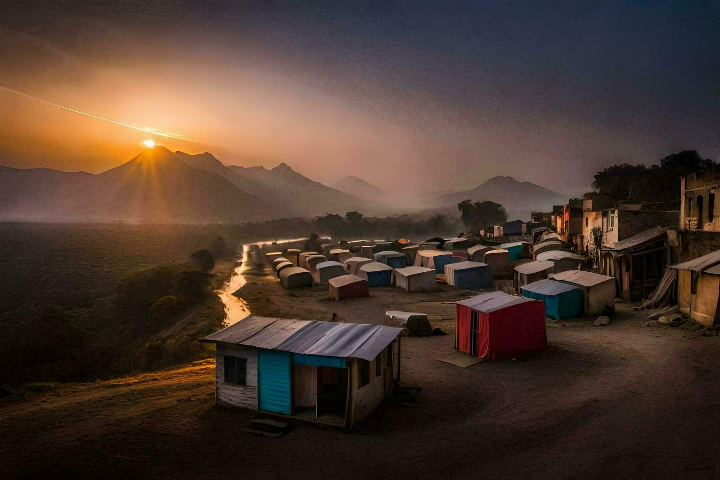 a village at sunset with colorful houses. AI-Generated photo
