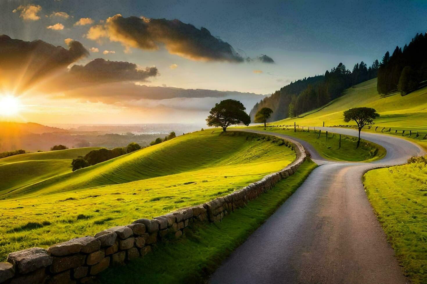 the road to the sunset. AI-Generated photo