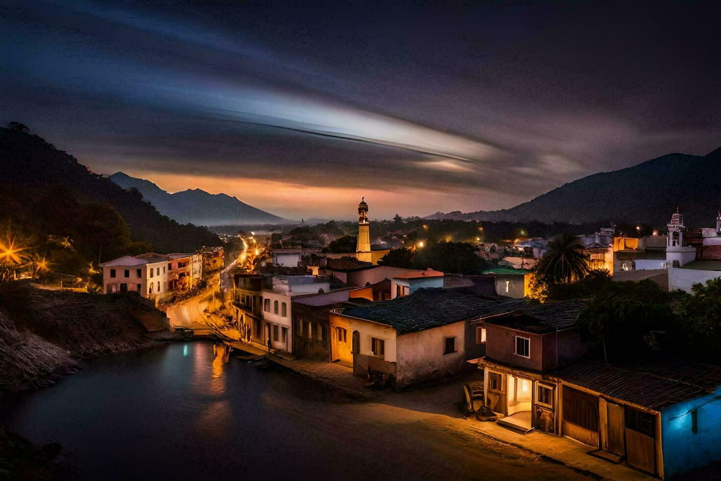 un pueblo a noche con un río y montañas en el antecedentes. generado por ai foto