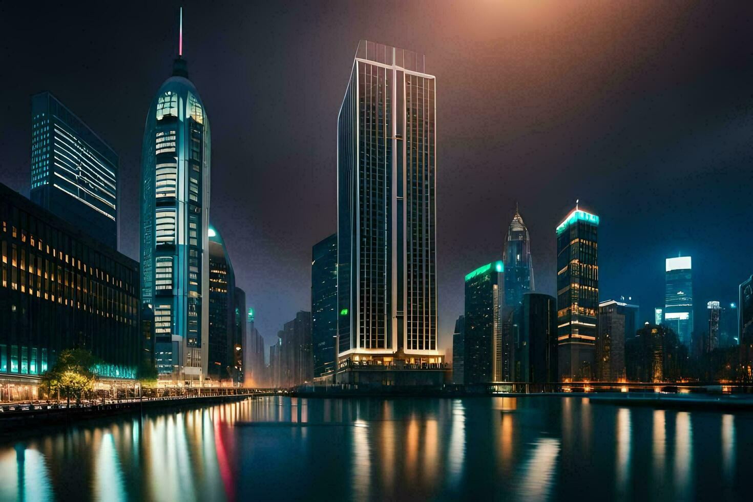 el ciudad horizonte a noche con luces reflejando en el agua. generado por ai foto