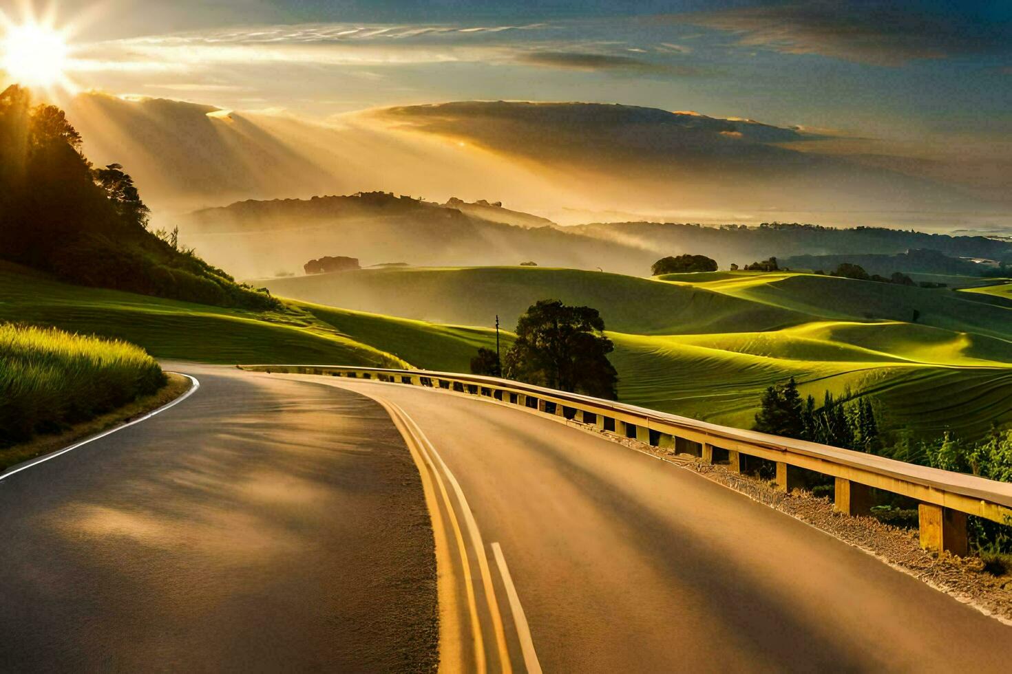 the sun shines over a road in the countryside. AI-Generated photo