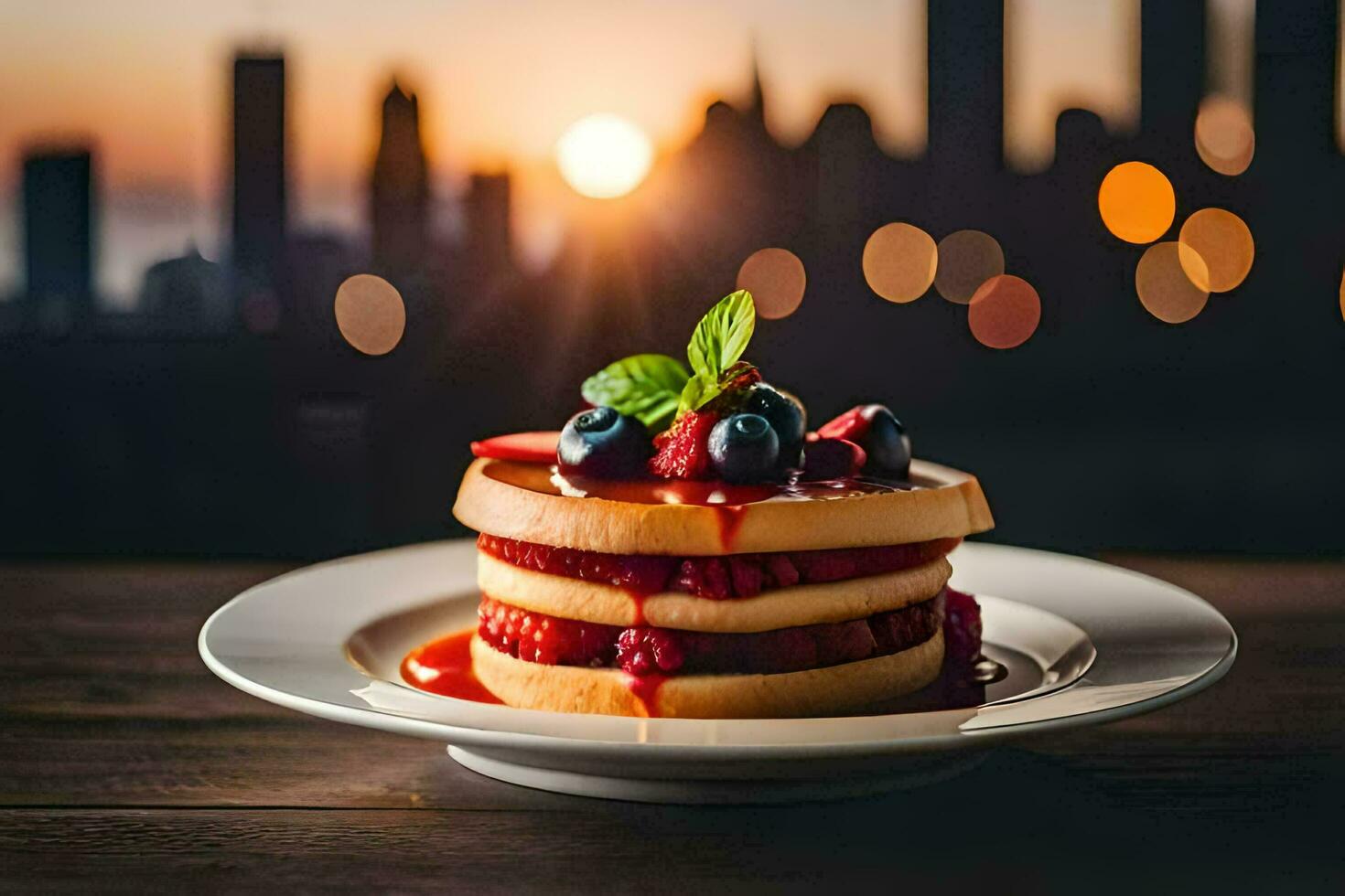 a stack of pancakes with berries and syrup on a plate. AI-Generated photo