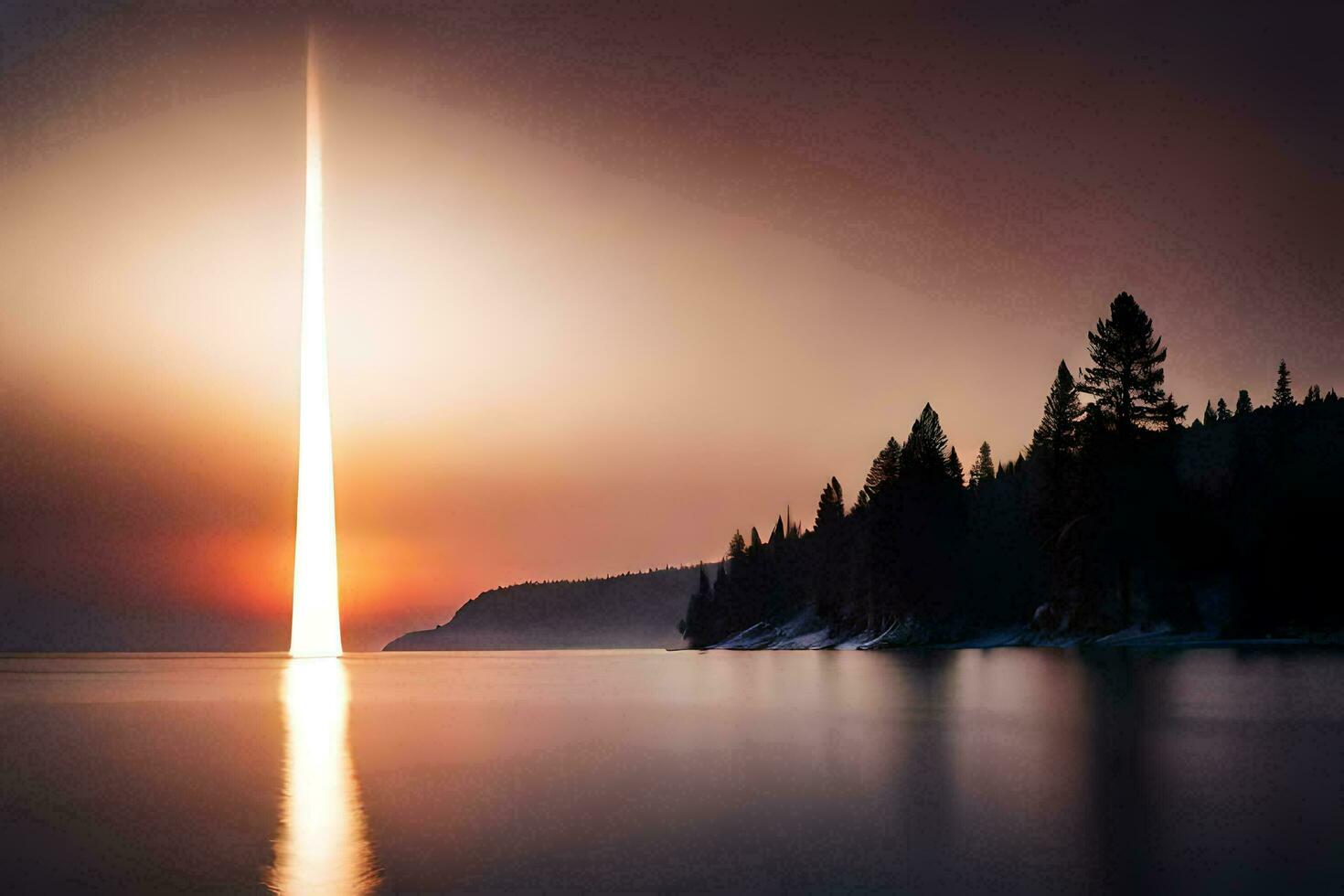 a long beam of light is reflected in the water. AI-Generated photo