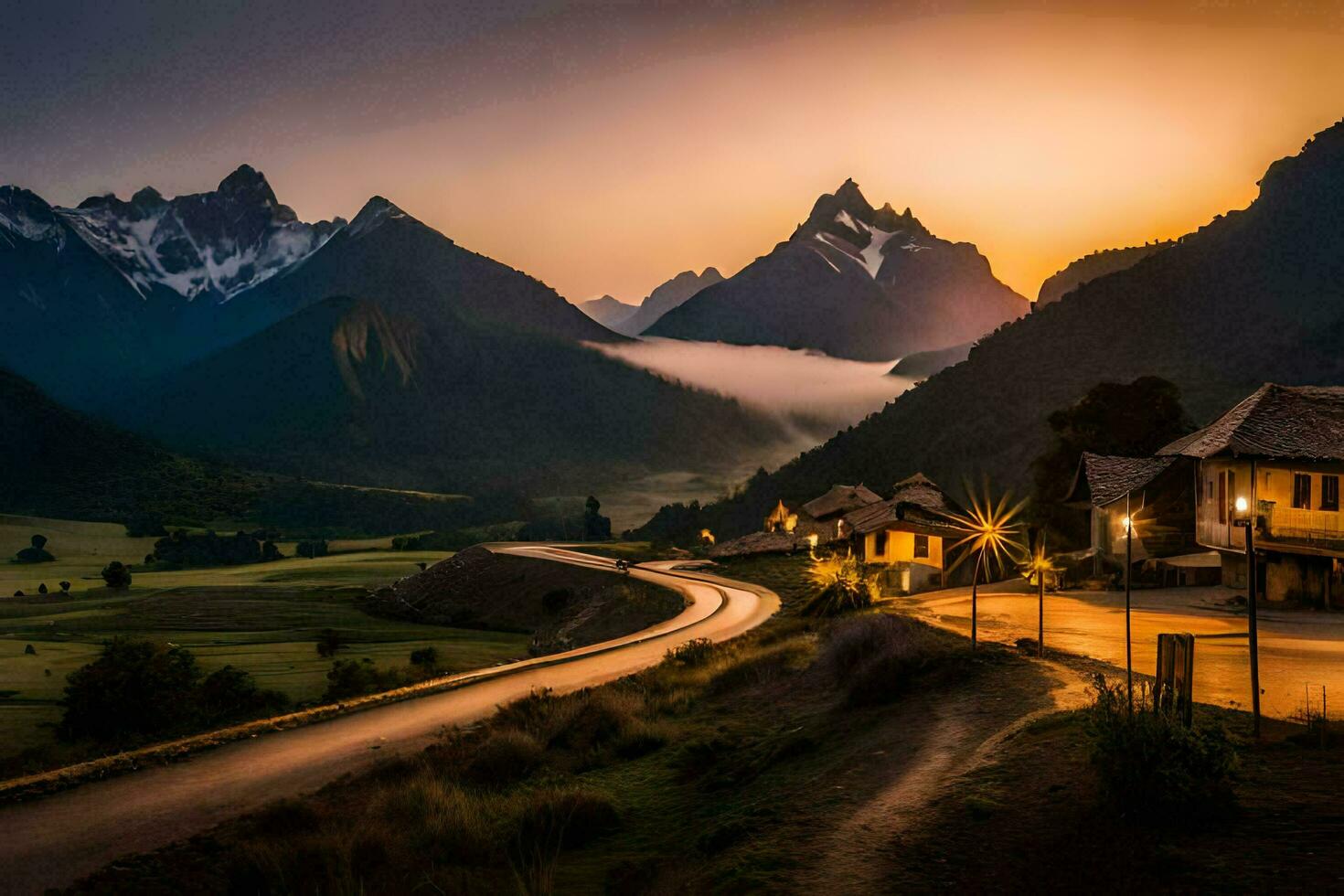 un la carretera en el montañas a puesta de sol. generado por ai foto