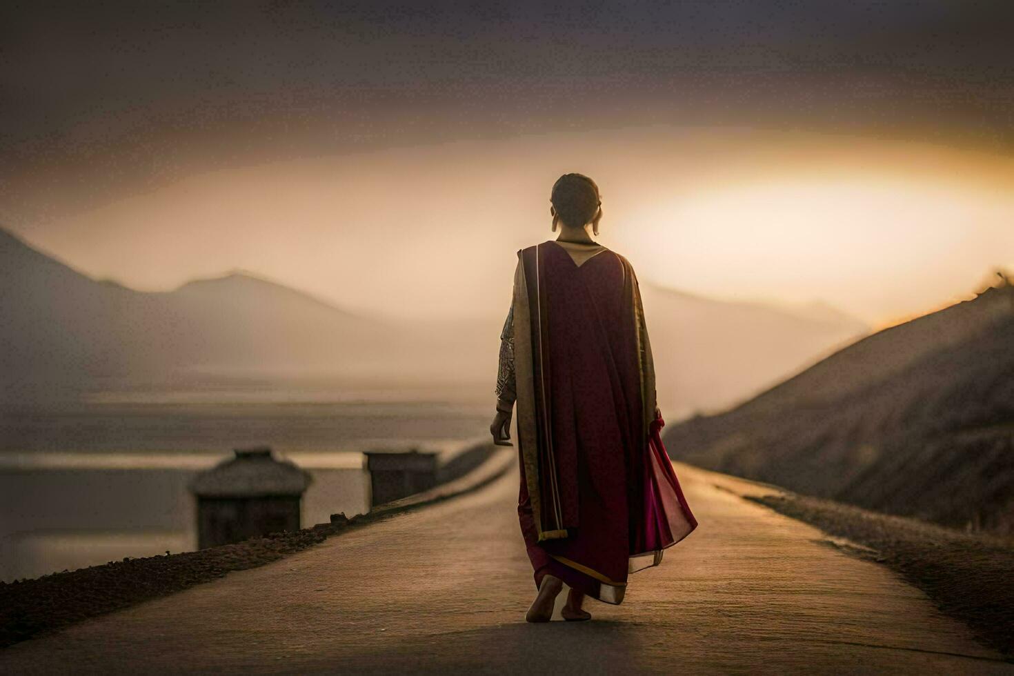 a woman in a sari walks down a road at sunset. AI-Generated photo