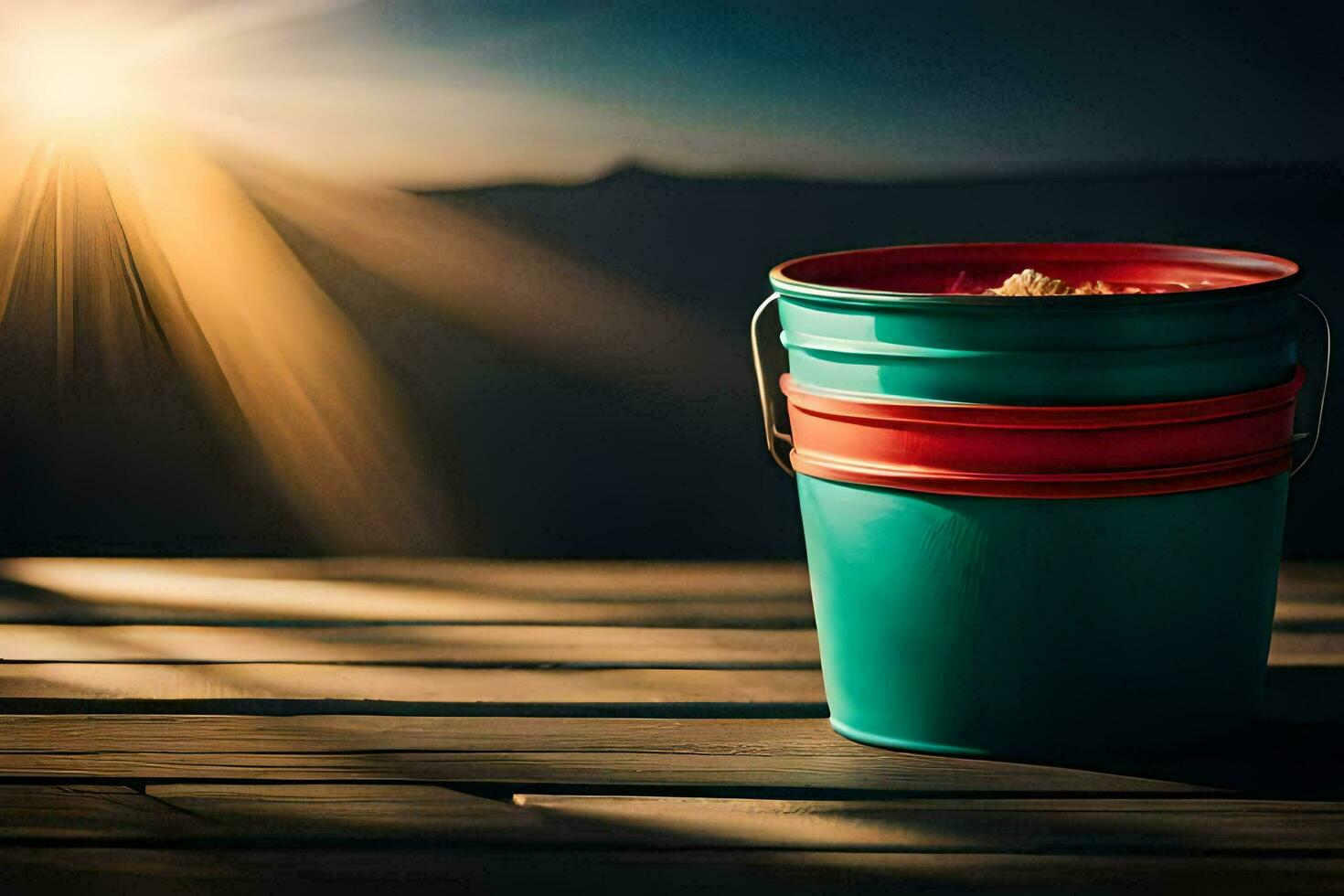 bucket of sand on a wooden deck. AI-Generated photo