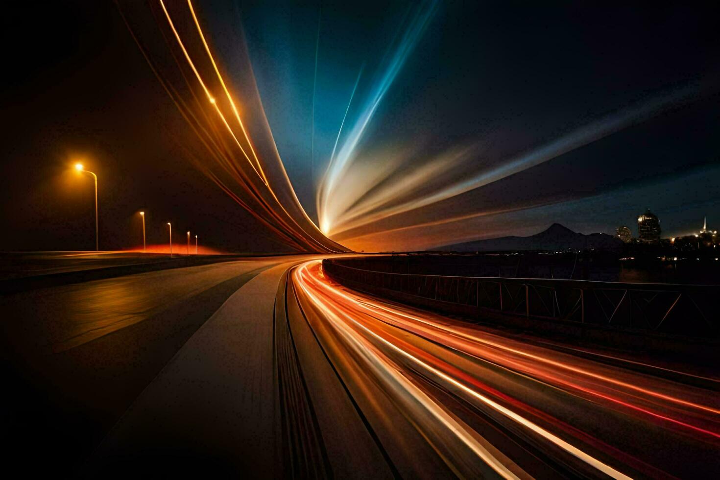 a long exposure photograph of a highway at night. AI-Generated photo