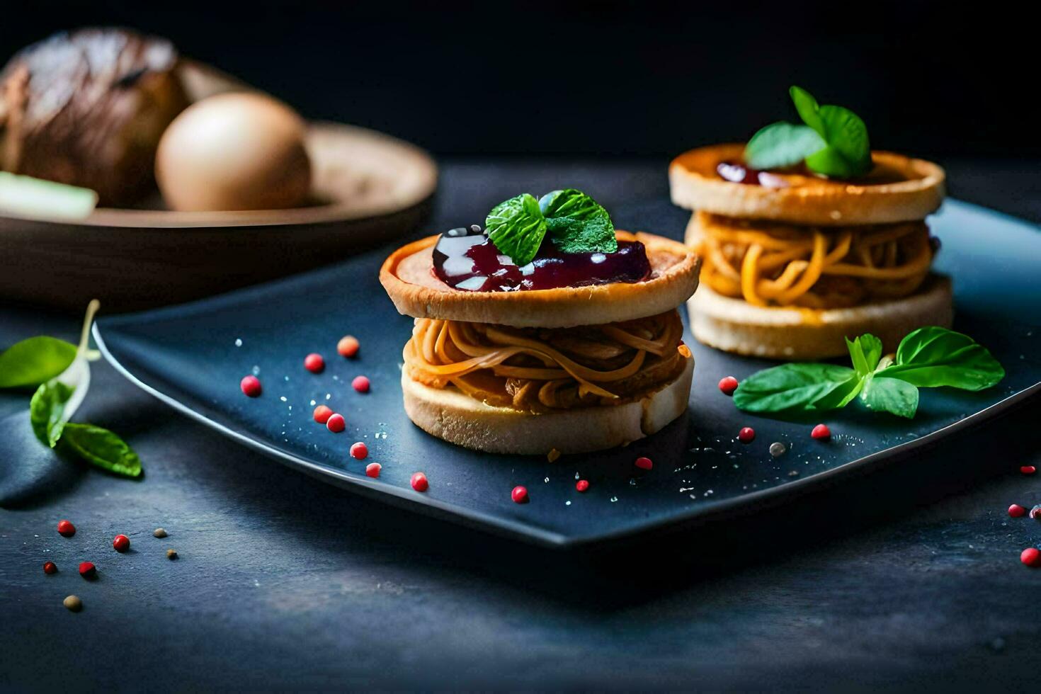 two small sandwiches with pasta and sauce on a black plate. AI-Generated photo
