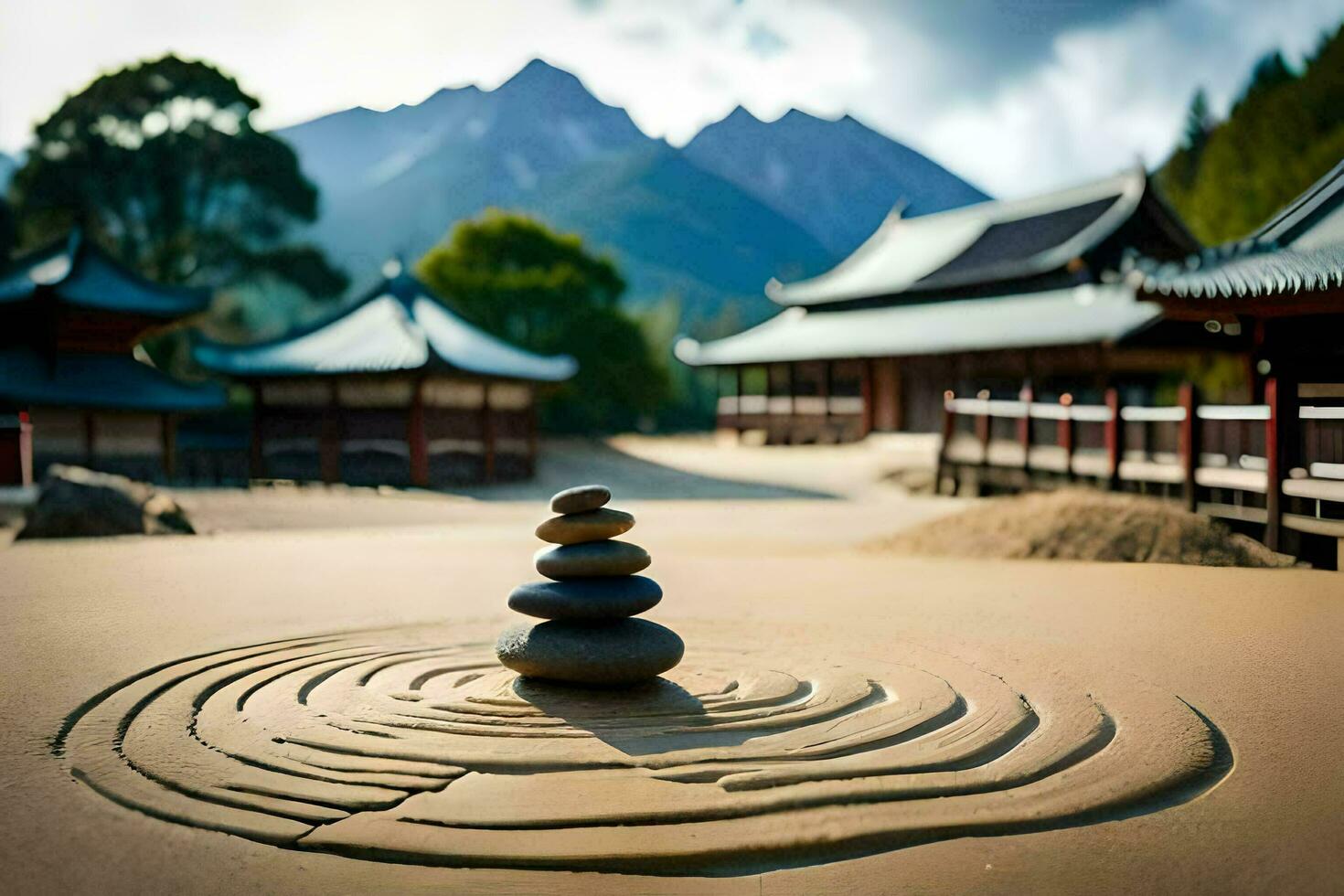 un zen jardín en el montañas. generado por ai foto