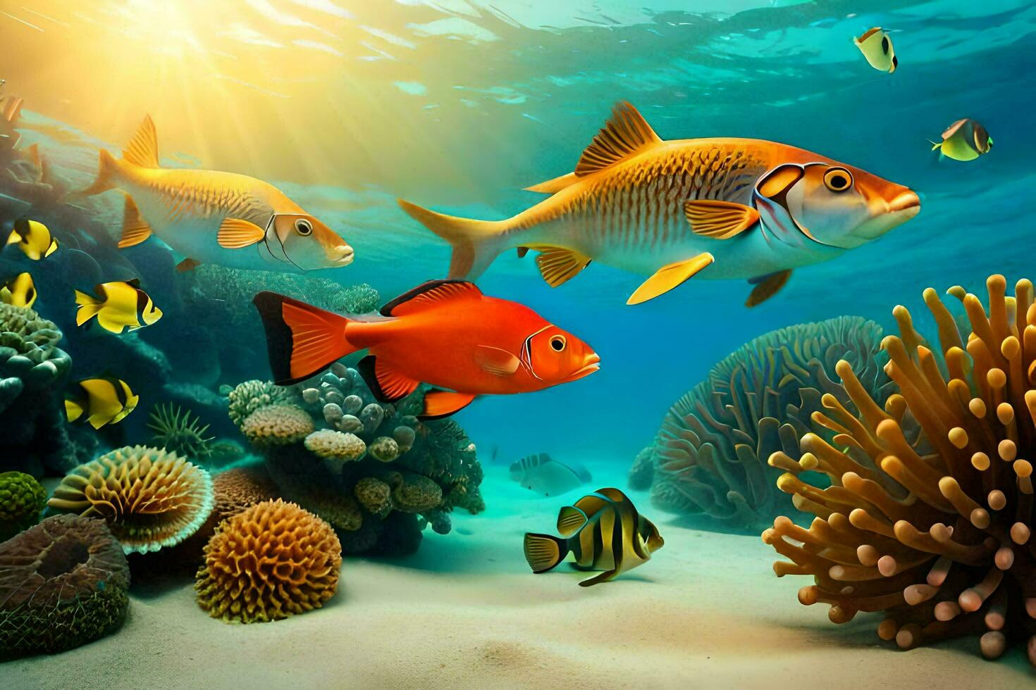 fish swimming in the ocean with coral reefs. AI-Generated photo