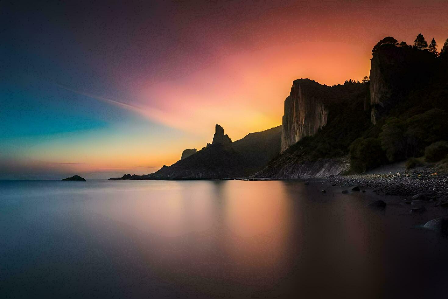 the sun sets over a rocky cliff with water and trees. AI-Generated photo