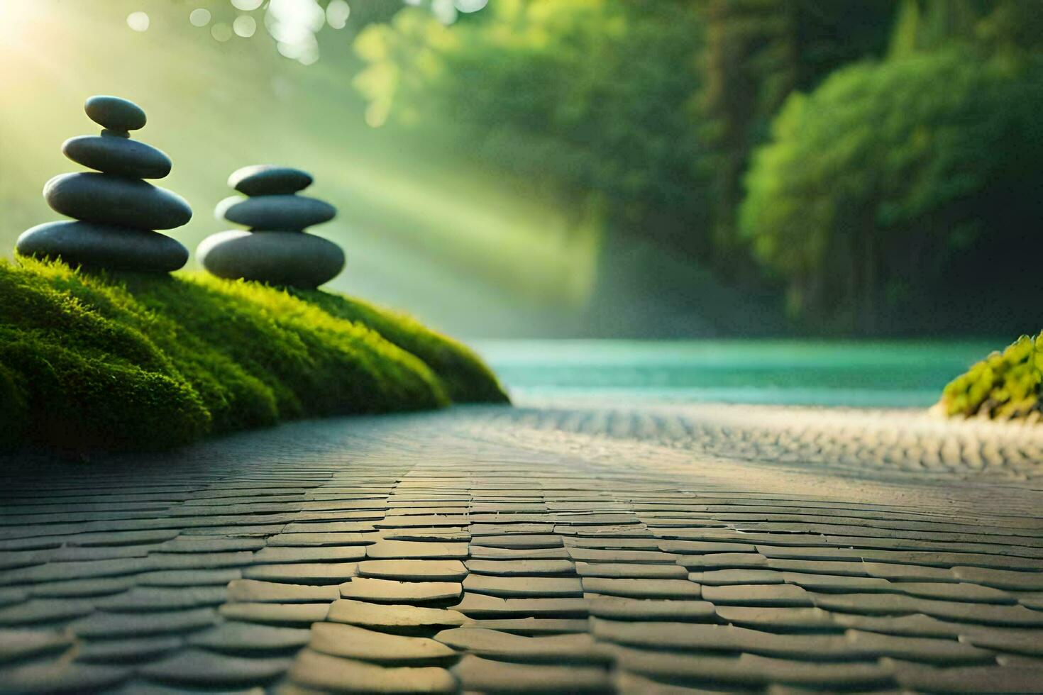 stone stones in the middle of a path with grass and trees. AI-Generated photo