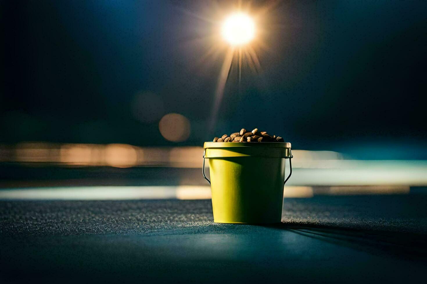 a bucket of food sitting on the ground in front of a bright light. AI-Generated photo