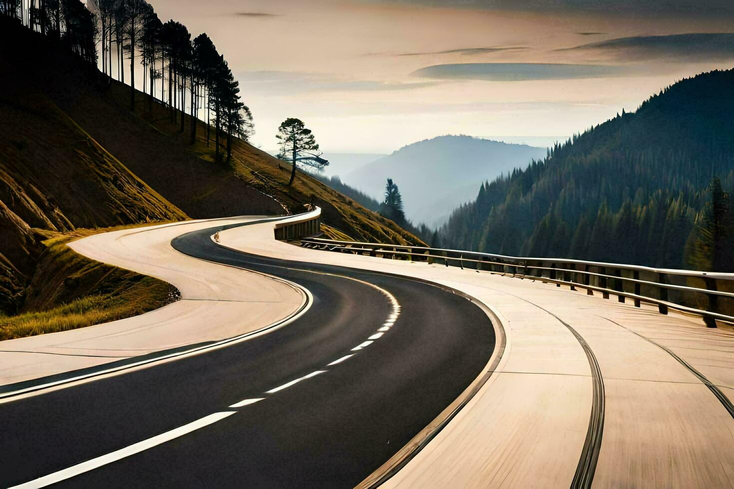 a curved road in the mountains with trees and mountains in the background. AI-Generated photo