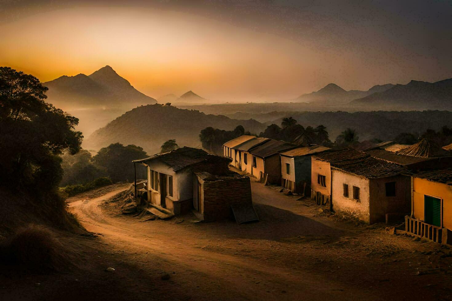 a village at sunset with mountains in the background. AI-Generated photo