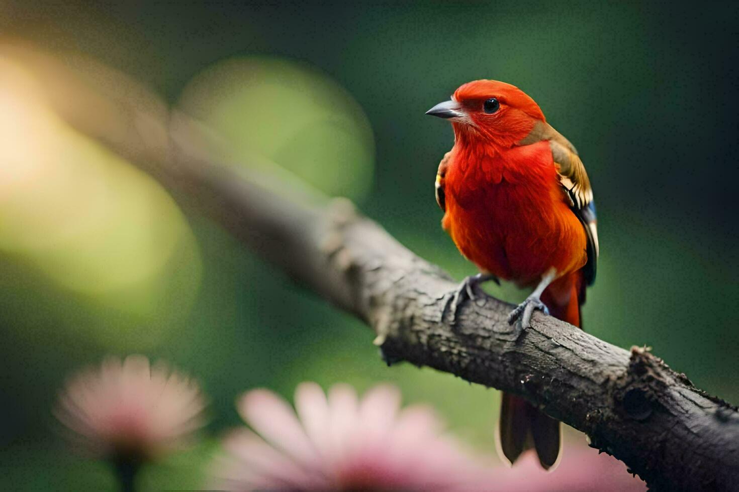 a red bird sits on a branch with pink flowers. AI-Generated photo