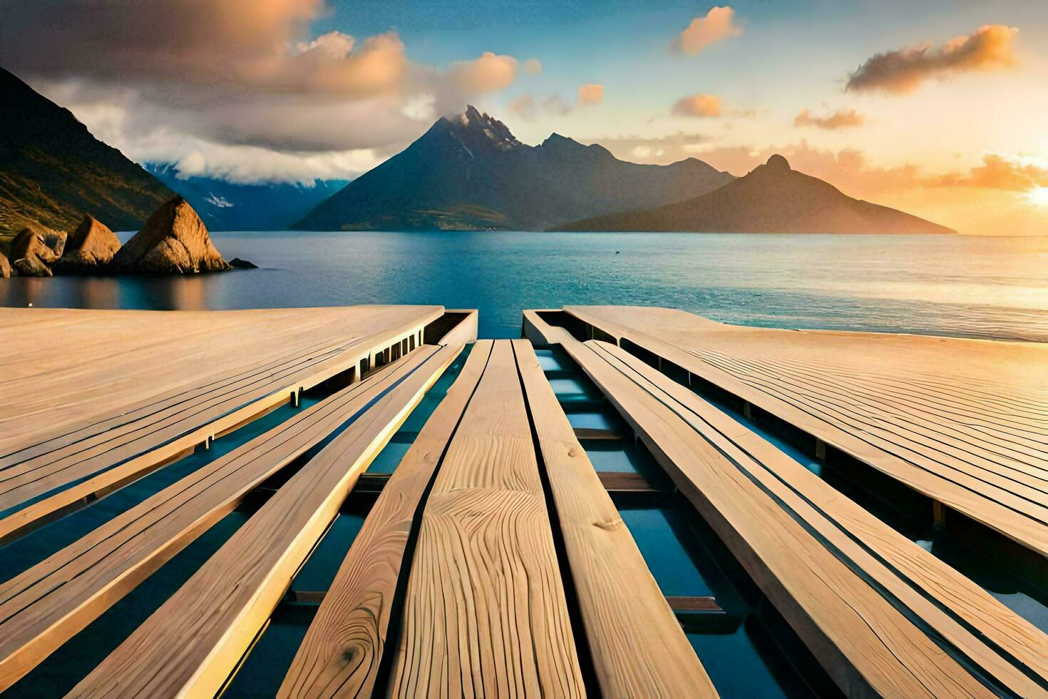 a wooden dock with mountains in the background. AI-Generated photo