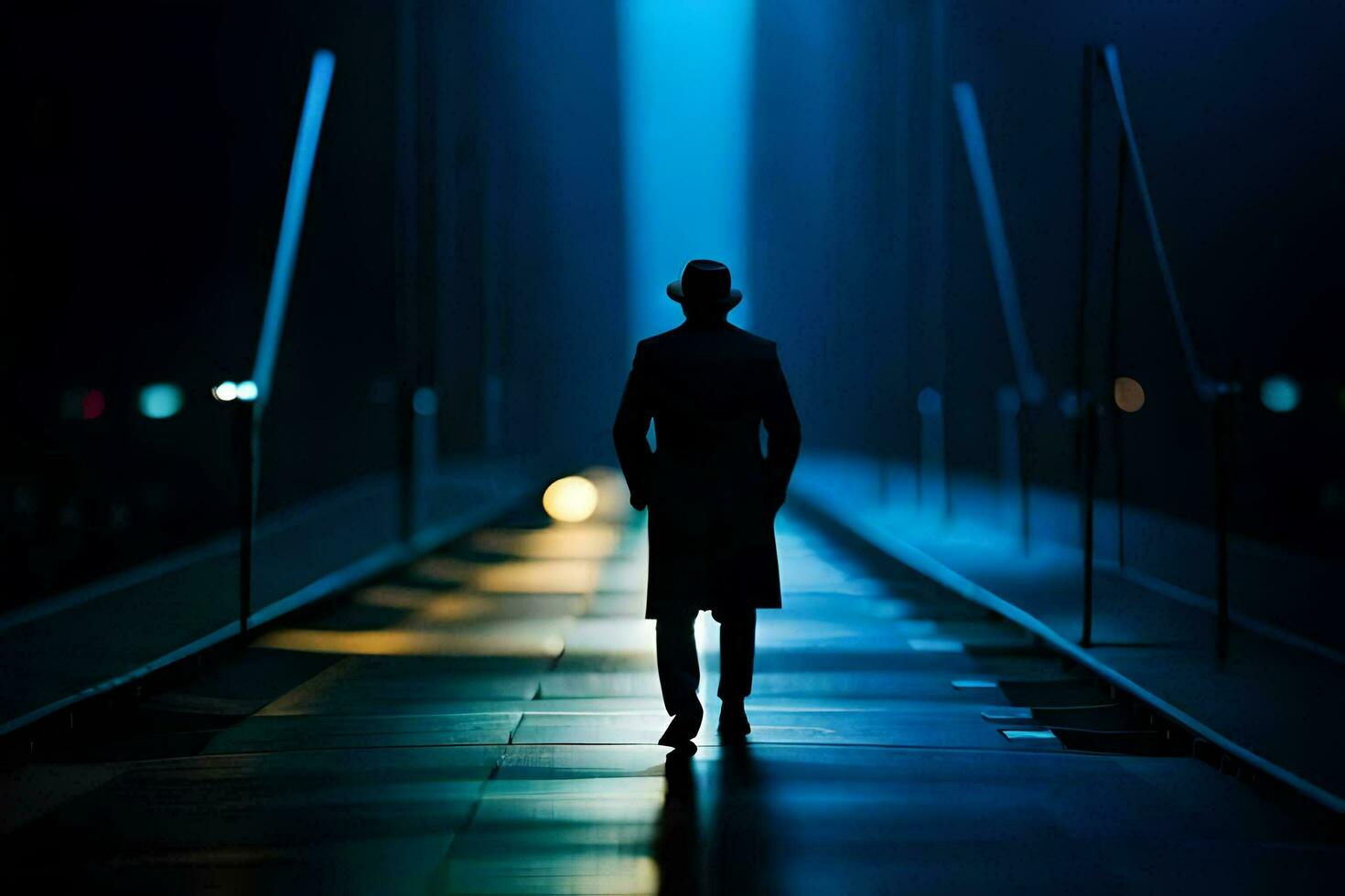 a man in a suit walks down a long hallway. AI-Generated photo