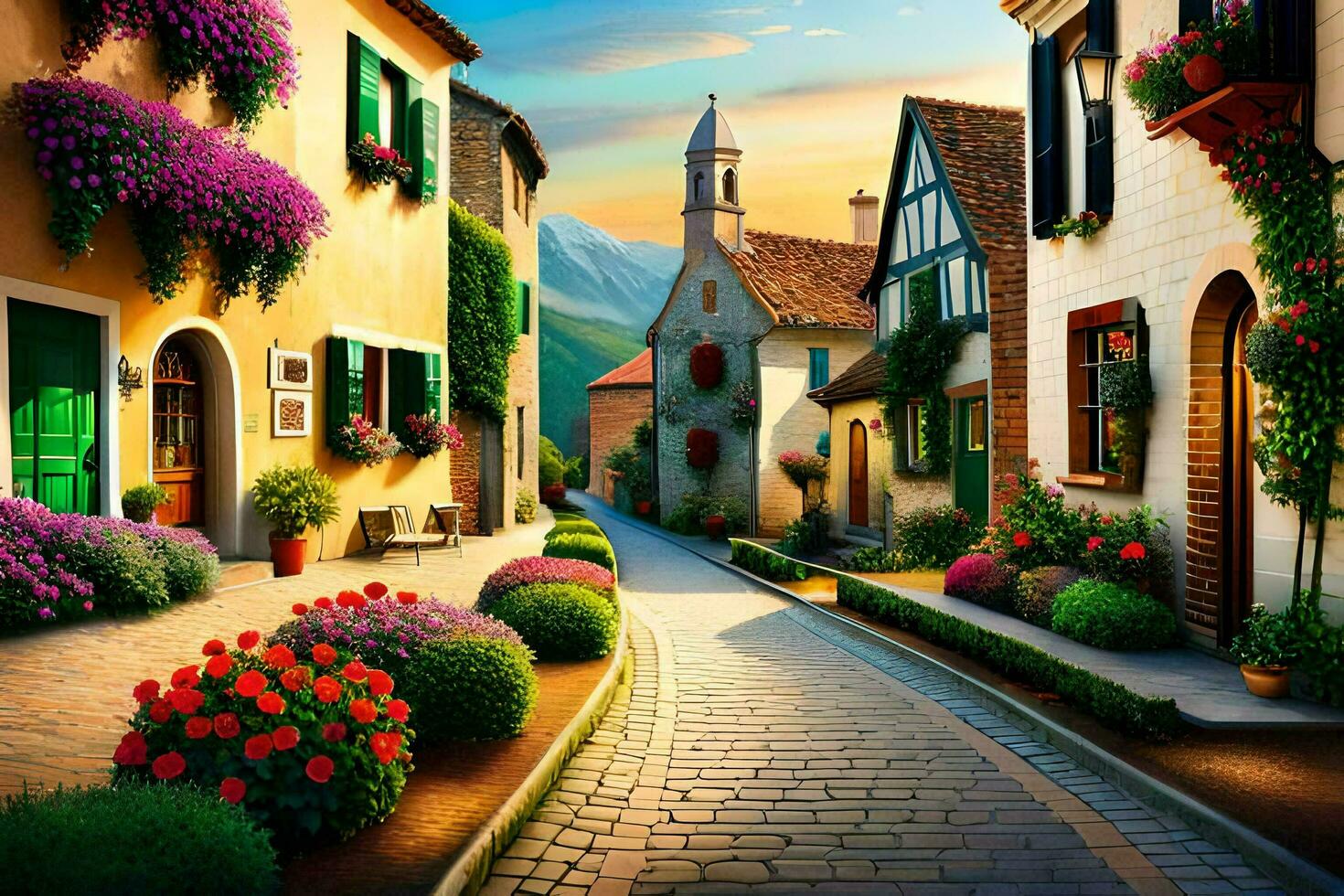 a street with flowers and houses in the background. AI-Generated photo