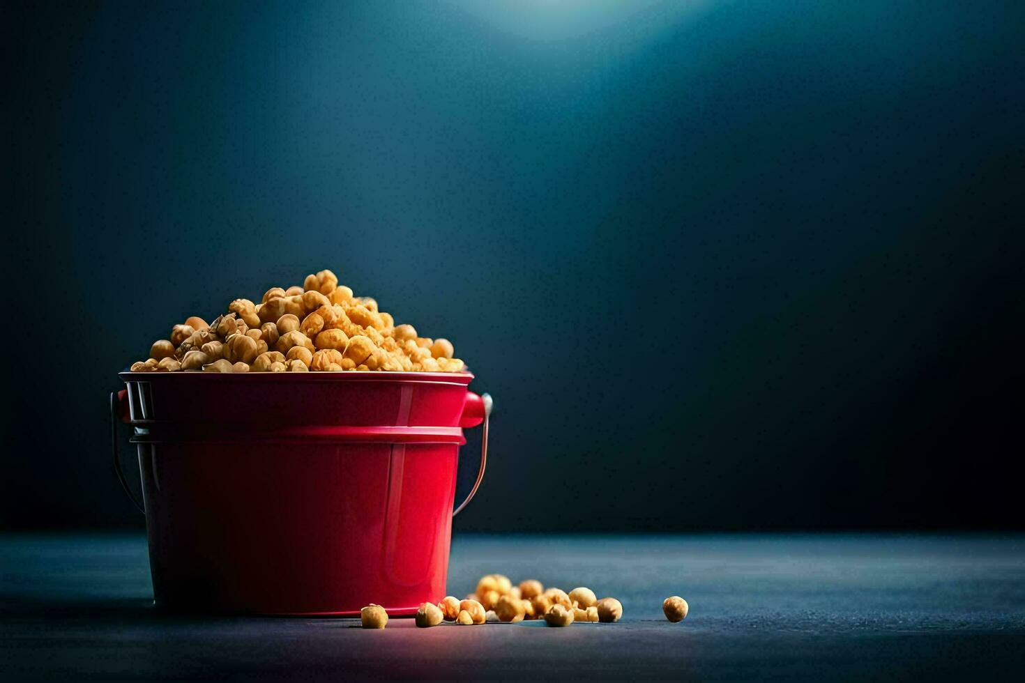 a bucket filled with popcorn on a dark table. AI-Generated photo