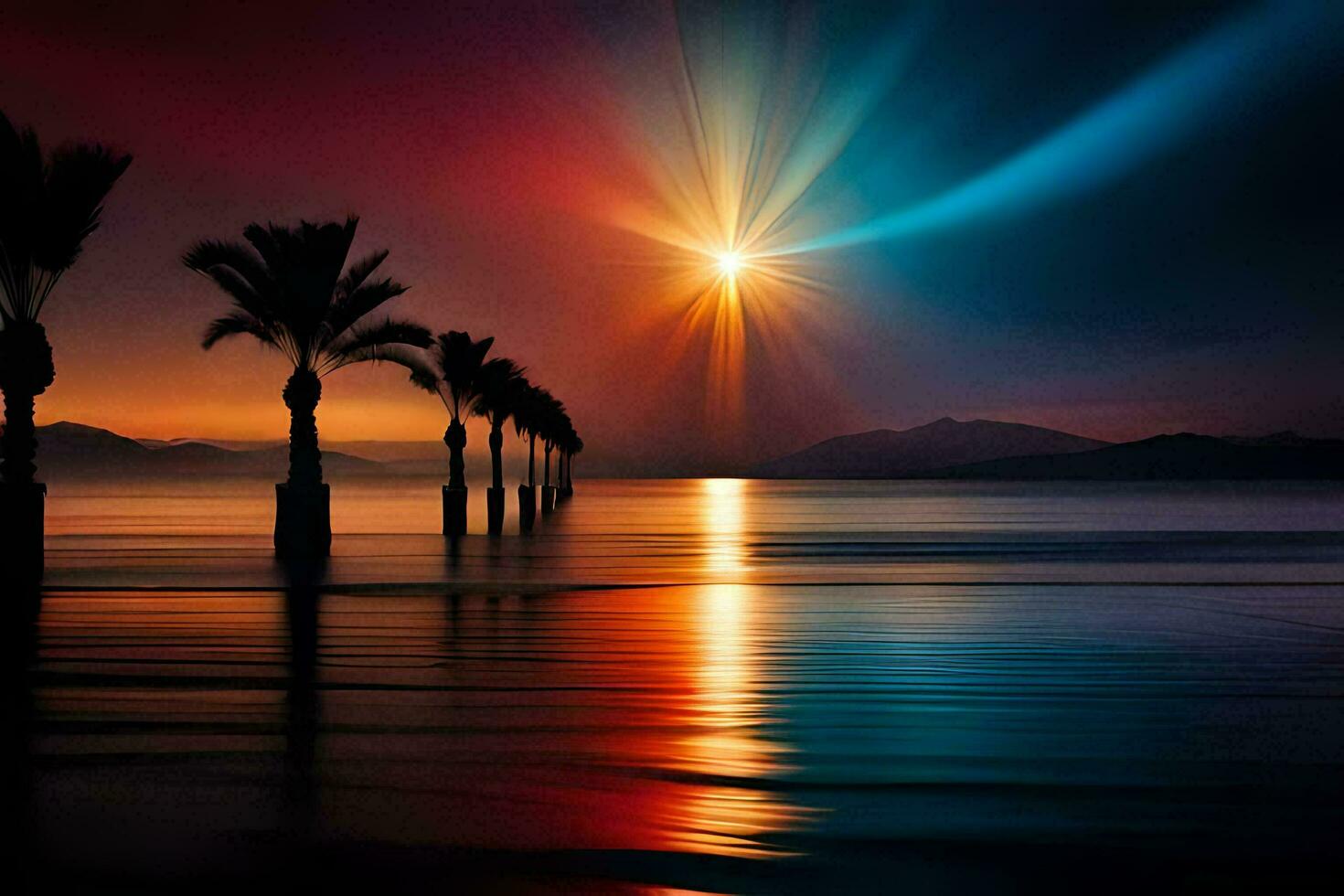 the sun shines brightly over the ocean and palm trees. AI-Generated photo