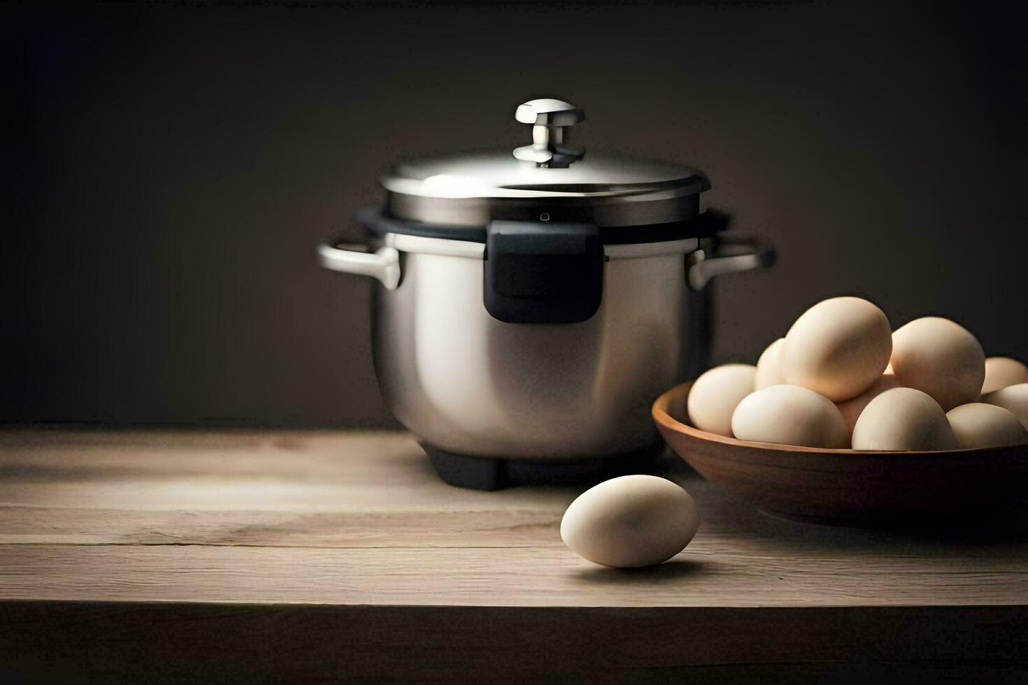 a bowl of eggs next to an electric pressure cooker. AI-Generated photo