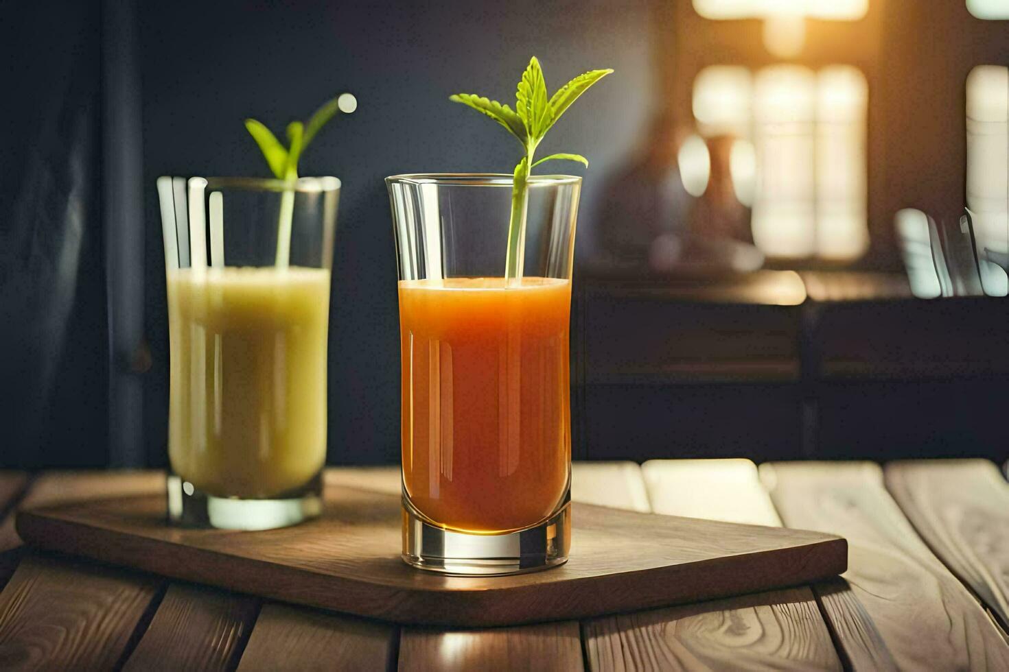 two glasses of juice on a wooden table. AI-Generated photo