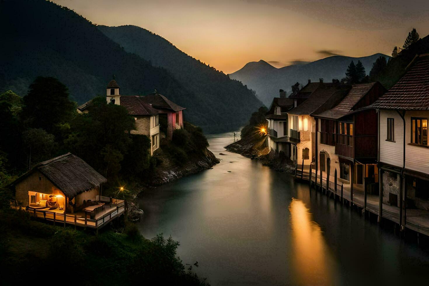 a river runs through a town at sunset. AI-Generated photo