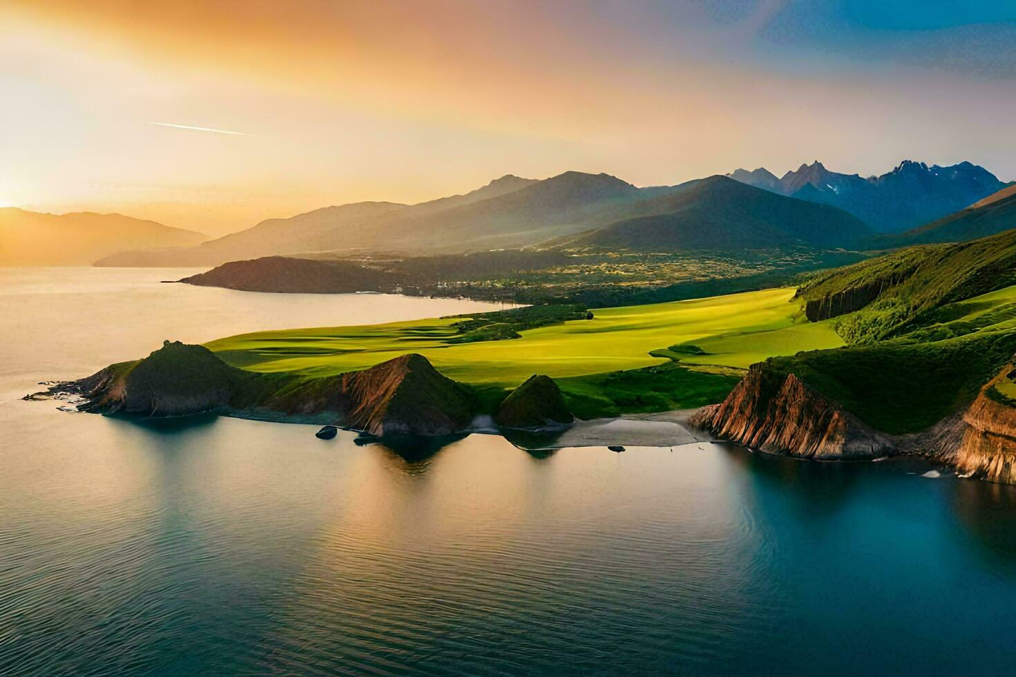 the sun sets over a beautiful golf course and mountains. AI-Generated photo