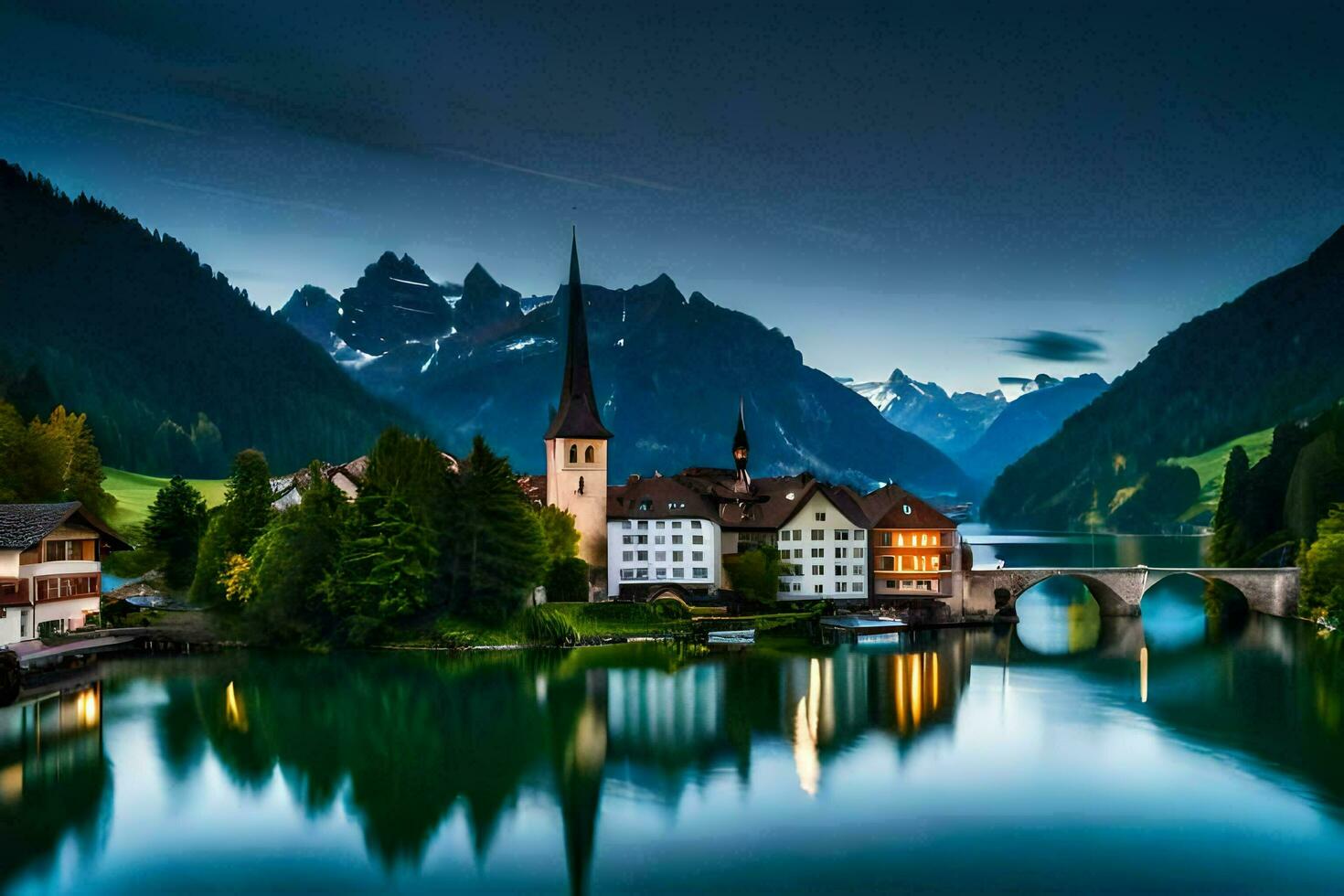 a town sits on the edge of a lake surrounded by mountains. AI-Generated photo