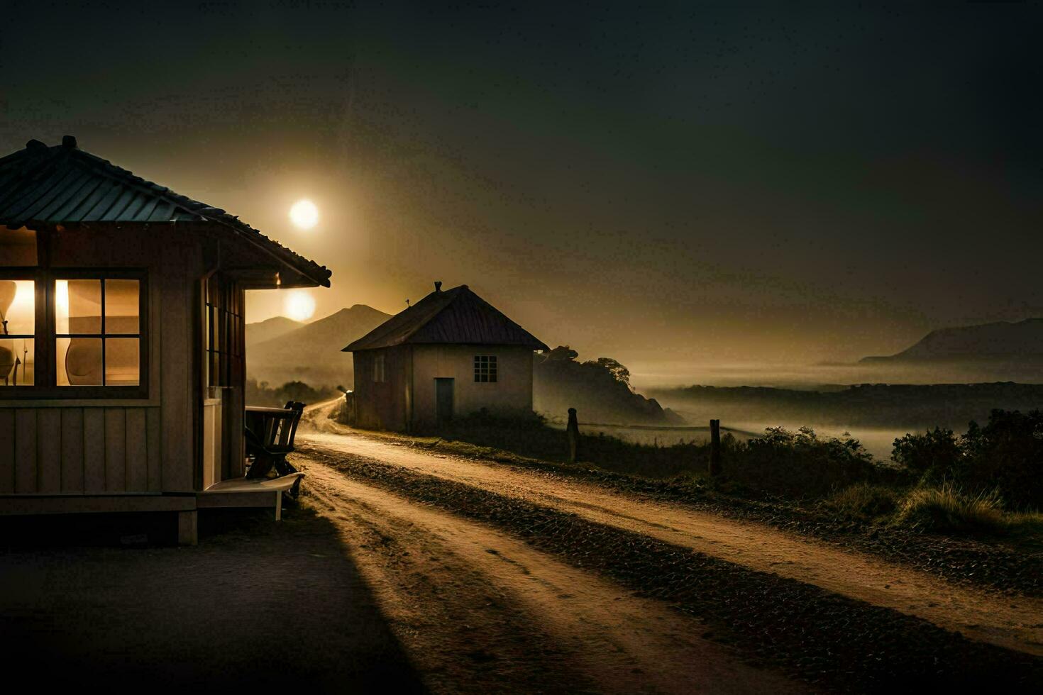 photo wallpaper the sky, fog, the moon, the house, the road, the house,. AI-Generated