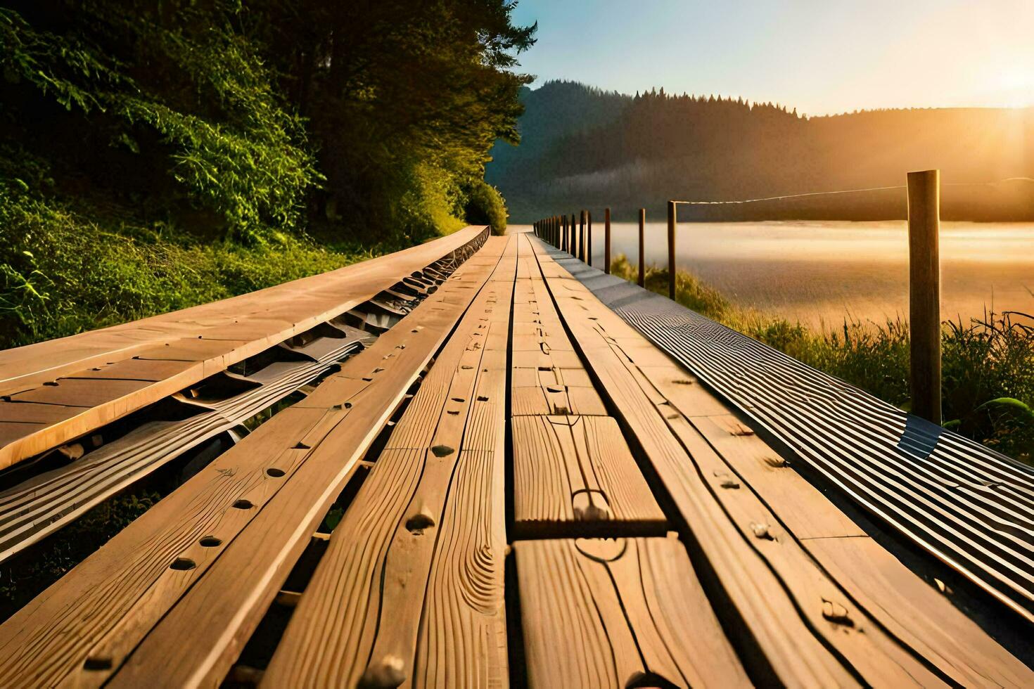 a wooden bridge over a lake at sunset. AI-Generated photo